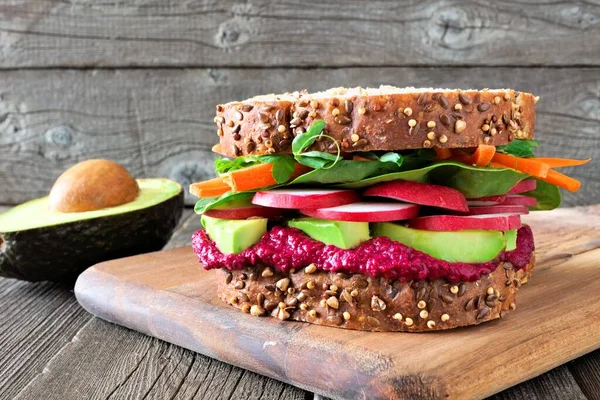 Superfood Sandwich Beet Hummus Avocado Vegetables Greens Whole Grain Bread — Stock Photo, Image