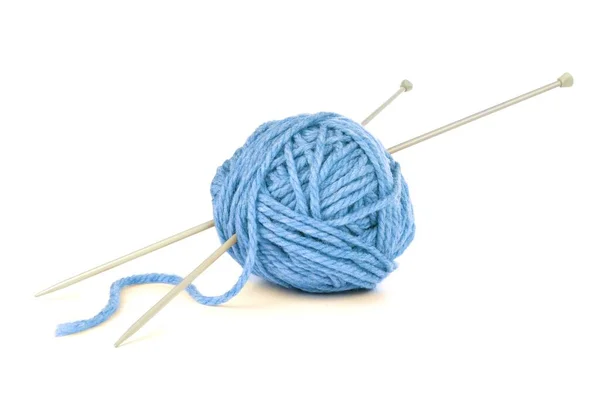 Ball Blue Yarn Knitting Needles Isolated White — Stock Photo, Image