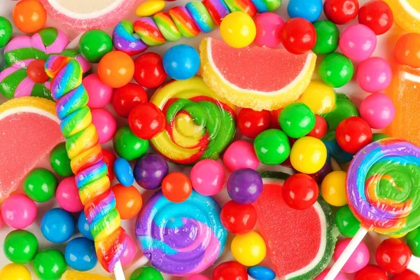 Bunte Hintergrund Von Verschiedenen Bonbons Einschließlich Gummibällchen Lutscher Und Gelee — Stockfoto