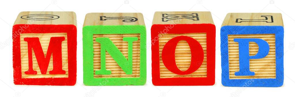 M N O P wooden toy letter blocks isolated on white