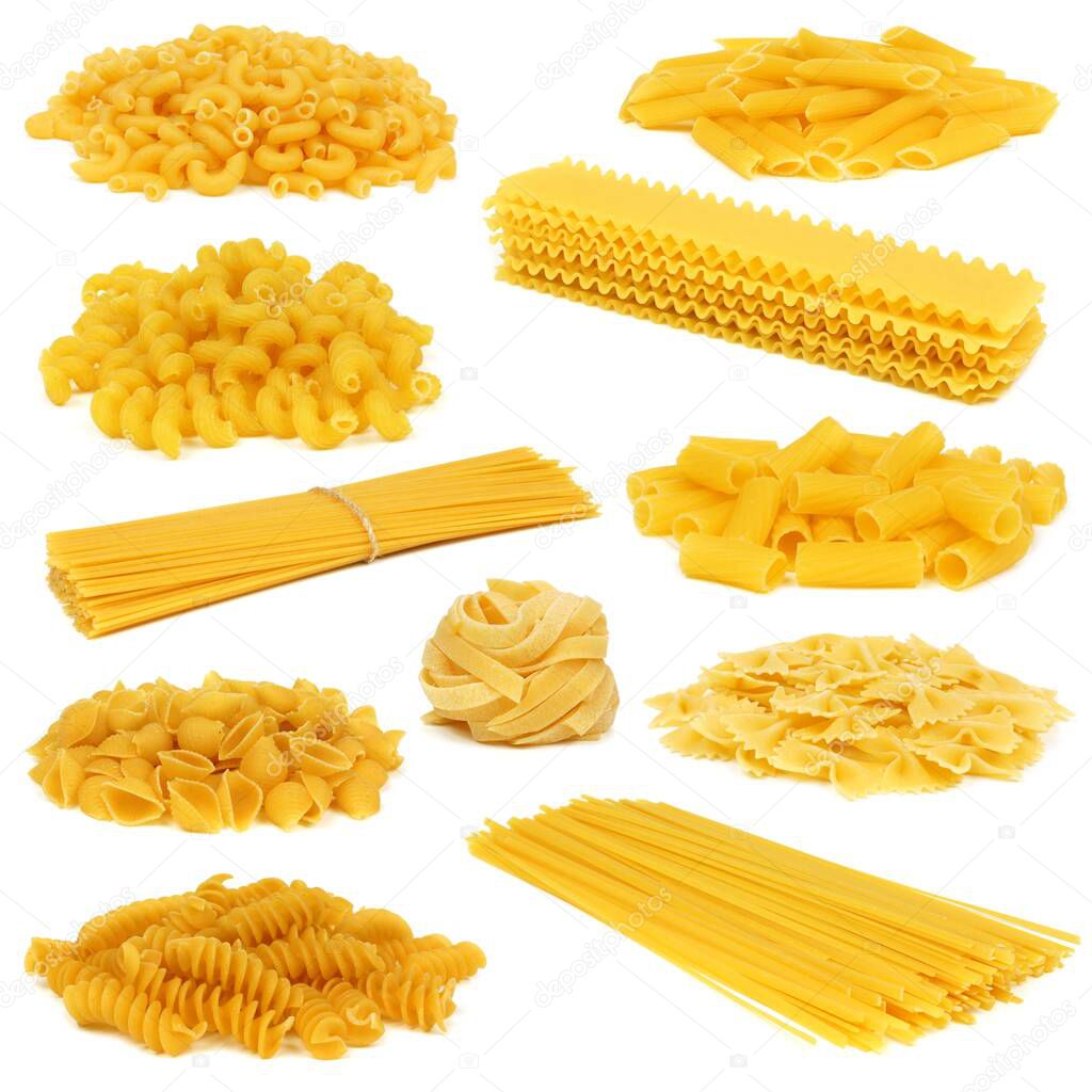 Assortment of uncooked dry pasta of differing types isolated on a white background