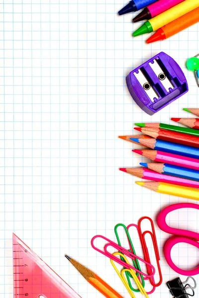 Colorful School Supplies Corner Border Graphing Paper Background — Stock Photo, Image