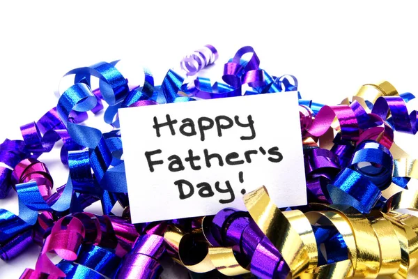 Colorful Ribbon Handwritten Happy Fathers Day Tag White — Stock Photo, Image