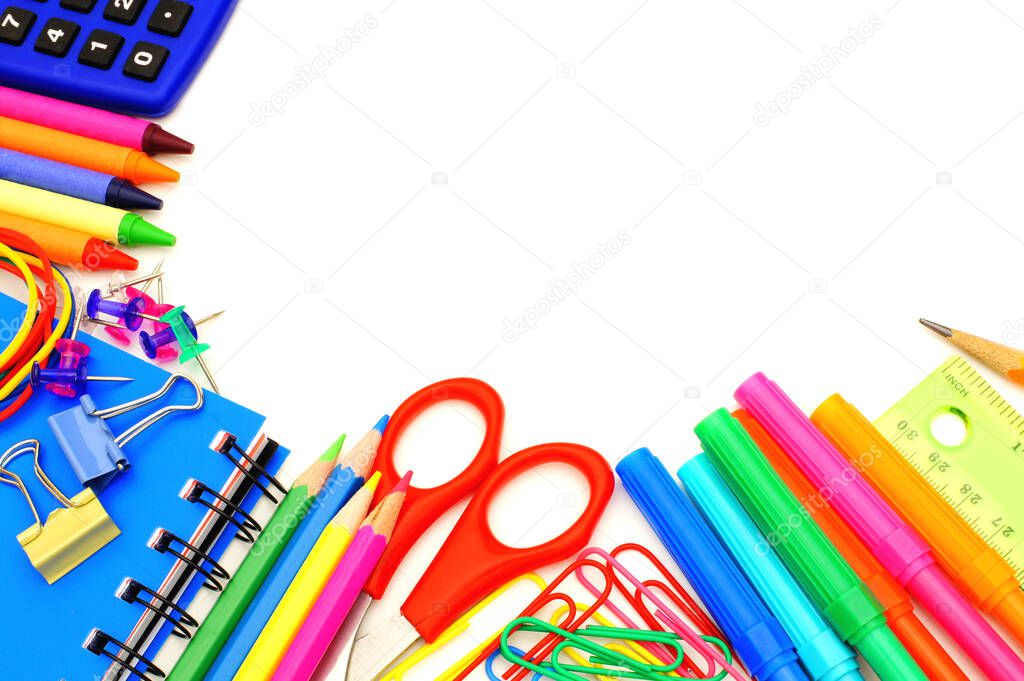 Colorful corner border of school supplies isolated on a white background