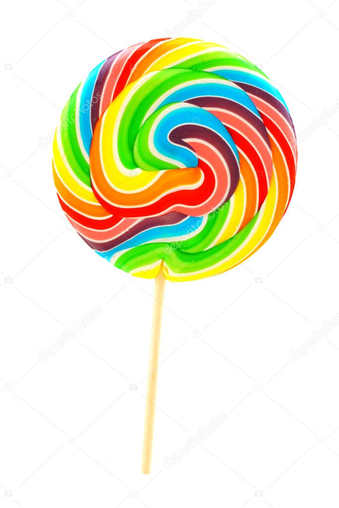 Single multi colored lollipop candy isolated on white