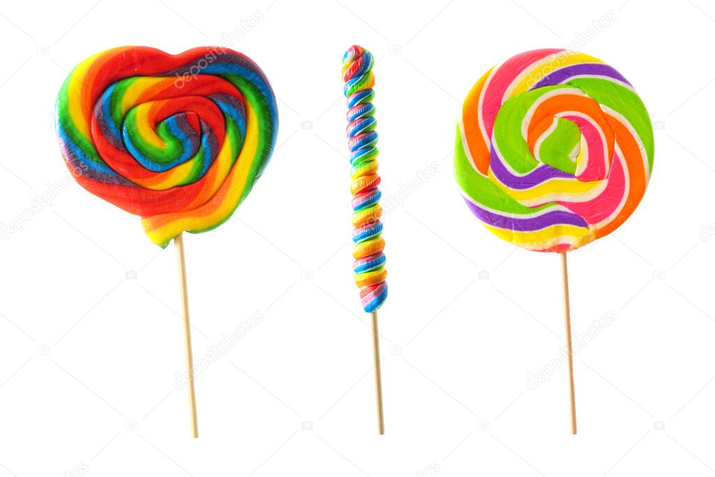 Three unique colorful lollipops isolated on a white background