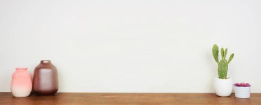 Rafta ev dekorasyonu. Vazolar, kaktüsler ve bir rafta sulu bitkiler. Beyaz bir duvara karşı ahşap bir raf. Kopyalama alanı olan pankart.