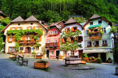 Famous lake side view of Hallstatt village with Alps behind, Austria clipart