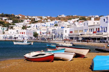 Mykonos kasabası, liman manzarası, Yunanistan