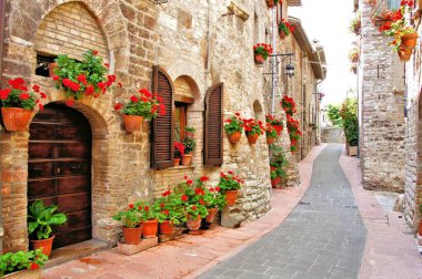 Assisi, İtalya 'da Çiçek Çizgili Sokak