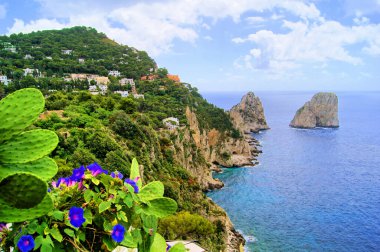 Ünlü Faraglioni, İtalya 'nın Capri adasında sallanıyor.