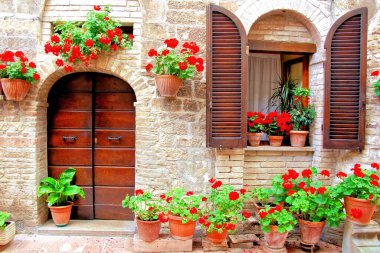 Assisi, İtalya 'da Çiçek Çizgili Sokak