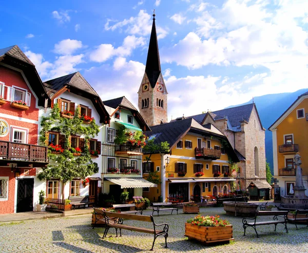 Kolorowy Malowniczy Plac Wiejski Hallstatt Austria — Zdjęcie stockowe