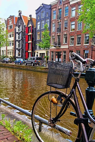 Vélo Long Des Canaux Amsterdam Pays Bas — Photo