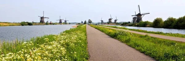 Nizozemské Větrné Mlýny Odrazy Kanálů Kinderdijk Nizozemsko — Stock fotografie