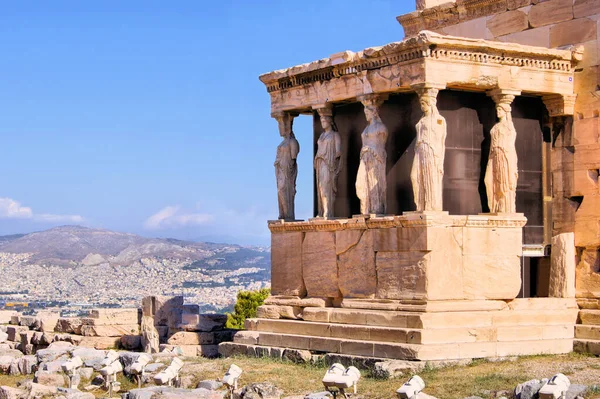 Famoso Antiguo Pórtico Las Cariátidas Con Vistas Atenas Grecia — Foto de Stock