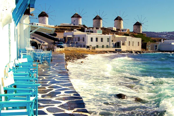 Vue Des Célèbres Moulins Vent Mykonos Grèce — Photo