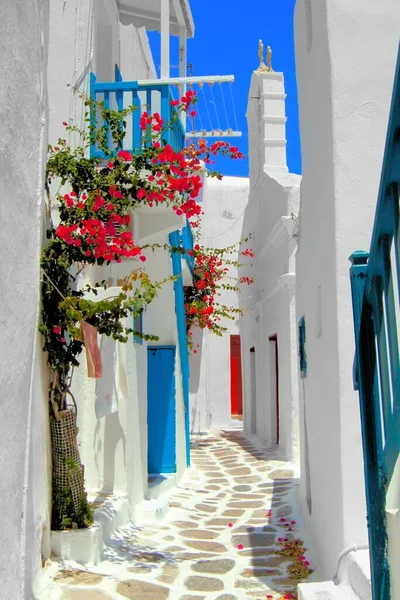 Hermosa Calle Encalada Casco Antiguo Mykonos Grecia —  Fotos de Stock