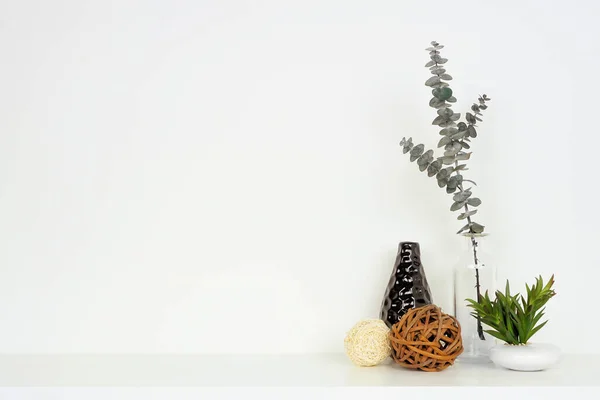 Házi Dekoráció Polcon Eukaliptusz Váza Növény Fehér Polc Fal Fénymásolási — Stock Fotó