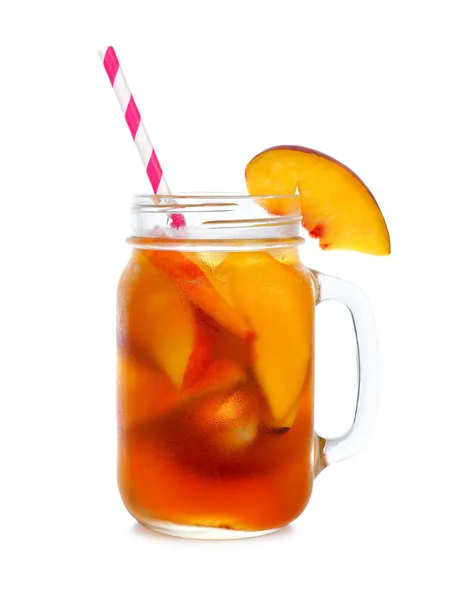 Cool Peach Iced Tea Mason Jar Glass Isolated White Background — Stock Photo, Image