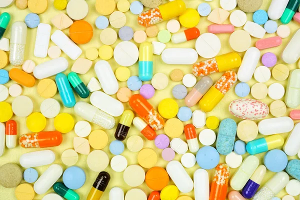 Medicina Vista Fundo Superior Com Variedade Pílulas Coloridas — Fotografia de Stock