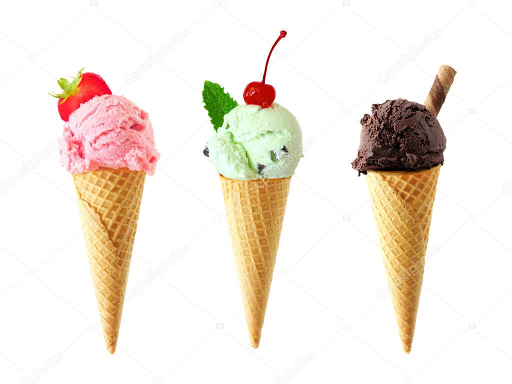 Ice cream cone assortment isolated on a white background. Strawberry, mint and dark chocolate in waffle cones.