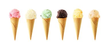 Large assortment of ice cream cones. Various flavors isolated on a white background clipart
