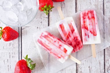 Ev yapımı vanilyalı yoğurtlu dondurma. Kırsal beyaz ahşap arka planda yukarıdaki masa sahnesi.