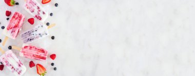 Meyveli yoğurtlu buzlu dondurma. Görünüm kenarının üzerinde beyaz mermer bir afiş arkaplanı ve kopyalama alanı.