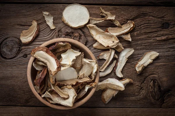 Dried mushrooms in wooden bowl. — Stock Photo, Image