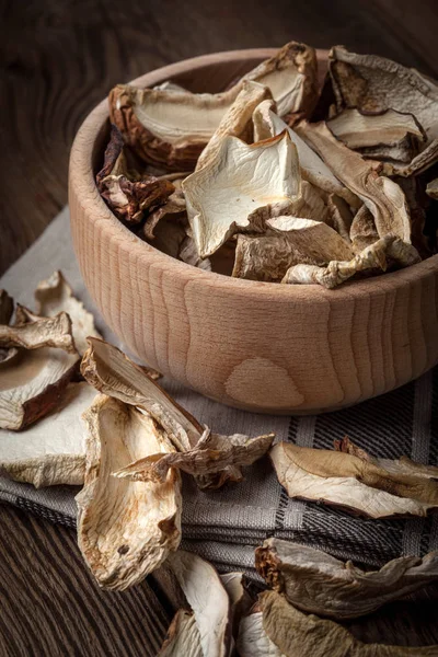 Dried mushrooms in wooden bowl. — Stock Photo, Image