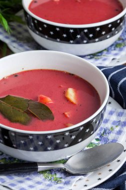Vejetaryen kırmızı çorba - borsch yeşil kase.