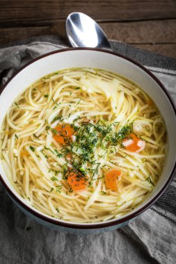 Suyu - mavi bir kase tavuk çorbası.