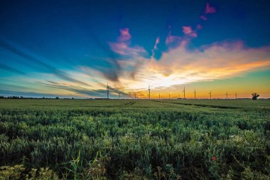 Gün batımında rüzgar türbinleri silueti.