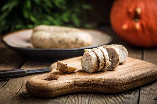 Sliced tasty white sausage. — Stock Photo, Image