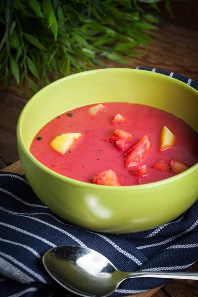 Vegetariánské červená polévka - boršč v zelené mísy. — Stock fotografie