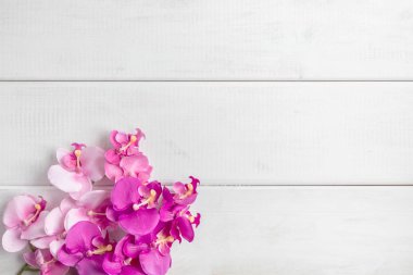 Beyaz ahşap zemin üzerinde yapay orkide.
