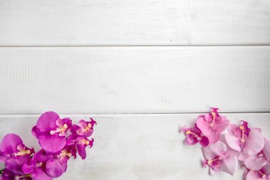Beyaz ahşap zemin üzerinde yapay orkide.