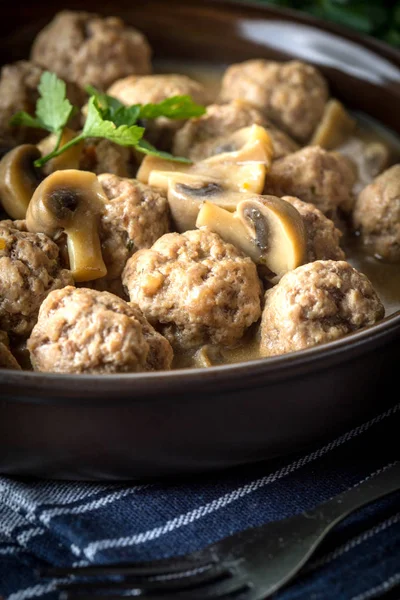 Delicious Homemade Swedish Meatballs Mushroom Cream Sauce Small Depth Field — Stock Photo, Image