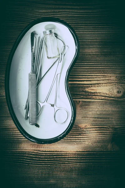 Old medicine equipment on wooden background. — Stock Photo, Image