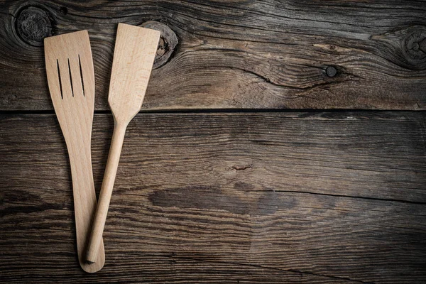 Wooden Kitchen Utensils Wooden Background Copy Space Top View — Stock Photo, Image