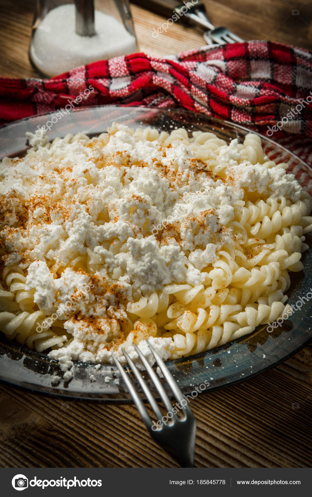 Fusilli Pasta With Cottage Cheese Sugar And Cinnamon Stock