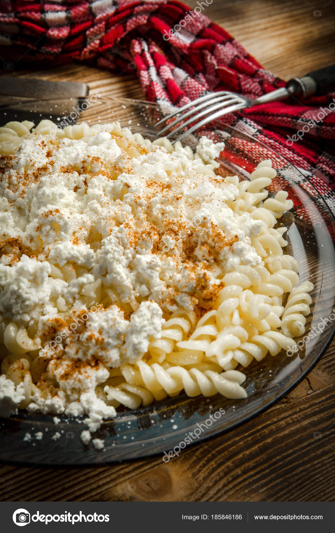 Fusilli Pasta With Cottage Cheese Sugar And Cinnamon Stock