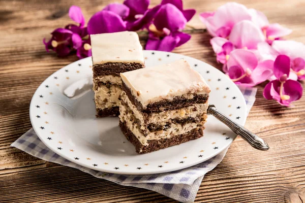 Piece of nutty-coffee cake. — Stock Photo, Image