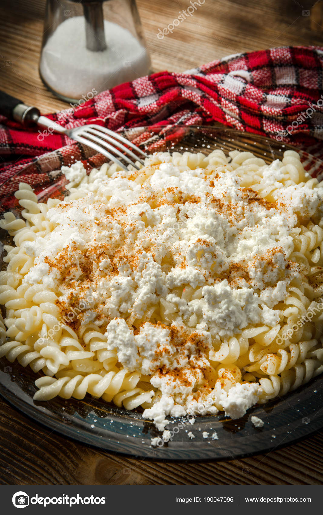 Fusilli Pasta With Cottage Cheese Sugar And Cinnamon Stock