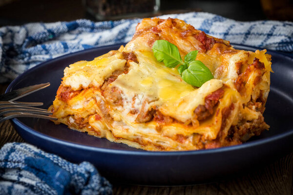Piece of tasty hot lasagna with red wine.