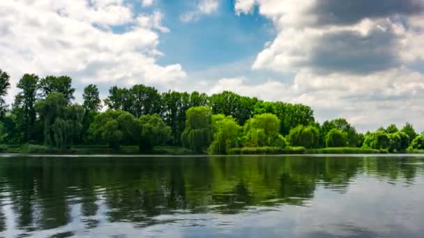 Peyzajlı Gölet Ağaçlar Mavi Gökyüzü Ile Yeşil Kentsel Park — Stok video