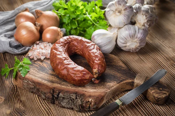Rings of traditional, country, homemade, pork smoked sausage. — Stock Photo, Image