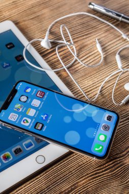 KATOWICE, POLAND - 23 Şubat 2020: Ipad Air 2 ve Ipone XS ahşap arka planda.