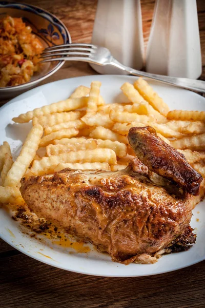 Roasted Chicken French Fries Plate Selective Focus — Stock Photo, Image